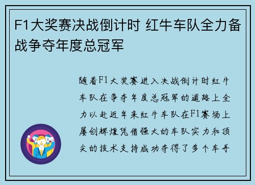 F1大奖赛决战倒计时 红牛车队全力备战争夺年度总冠军 F1大奖赛决战倒计时 红牛车队全力备战争夺年度总冠军
