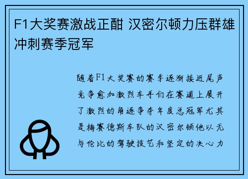 F1大奖赛激战正酣 汉密尔顿力压群雄冲刺赛季冠军