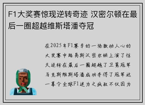 F1大奖赛惊现逆转奇迹 汉密尔顿在最后一圈超越维斯塔潘夺冠 F1大奖赛惊现逆转奇迹 汉密尔顿在最后一圈超越维斯塔潘夺冠