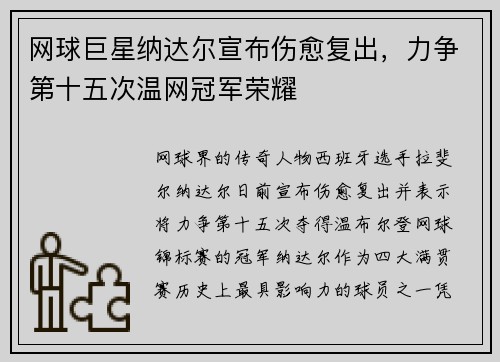 网球巨星纳达尔宣布伤愈复出，力争第十五次温网冠军荣耀