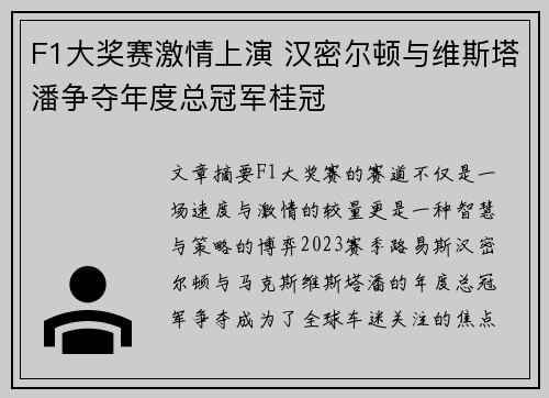 F1大奖赛激情上演 汉密尔顿与维斯塔潘争夺年度总冠军桂冠 F1大奖赛激情上演 汉密尔顿与维斯塔潘争夺年度总冠军桂冠
