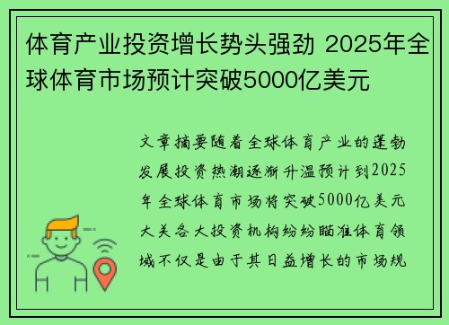 体育产业投资增长势头强劲 2025年全球体育市场预计突破5000亿美元 体育产业投资增长势头强劲 2025年全球体育市场预计突破5000亿美元