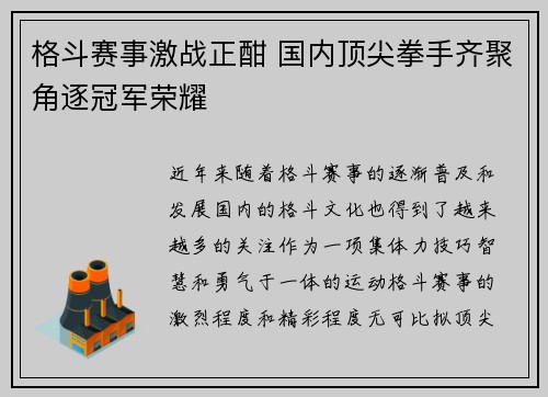 格斗赛事激战正酣 国内顶尖拳手齐聚角逐冠军荣耀 格斗赛事激战正酣 国内顶尖拳手齐聚角逐冠军荣耀